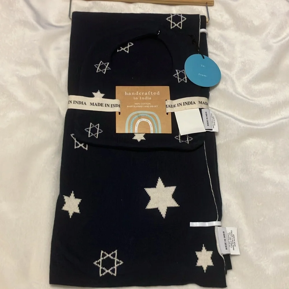 NWT NEW BABY BLANKET & BIB GIFT SET Navy Blue/Cream Star of David